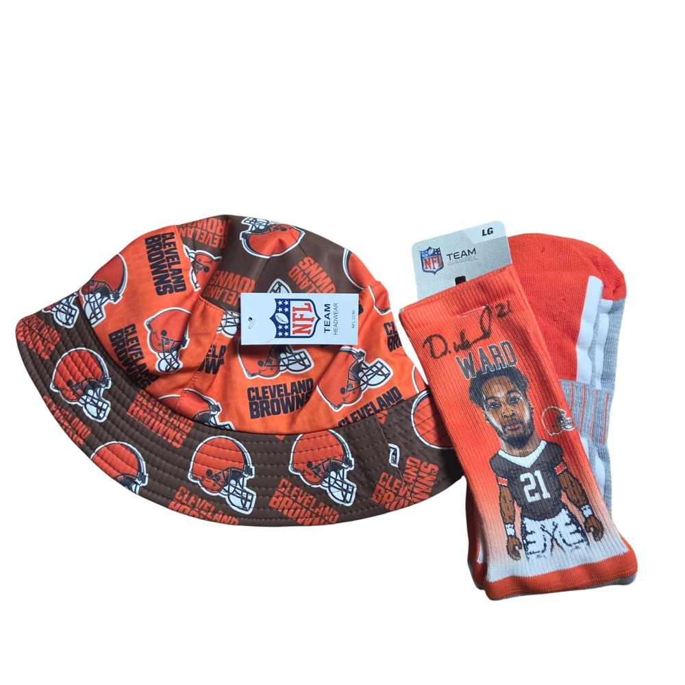 NFL Cleveland Browns Denzel Ward Socks SIGNED L Bucket Hat Set Team Apparel NWT